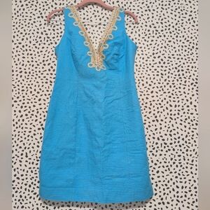 Lilly Pulitzer Bentley Shift Dress – Cerulean with Gold Embroidery Size 6